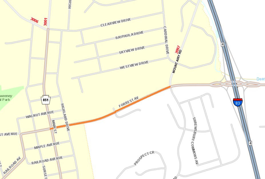 Location of asphalt repairs on Route 851 (E. Forrest Avenue) in York County.