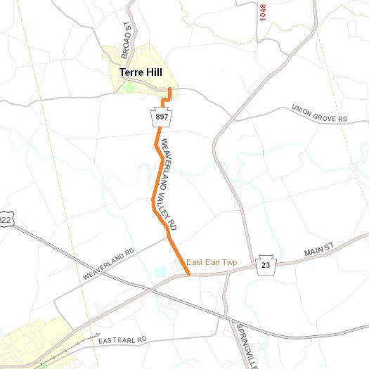Orange line on map shows location of Route 897 resurfacing project in Lancaster County.