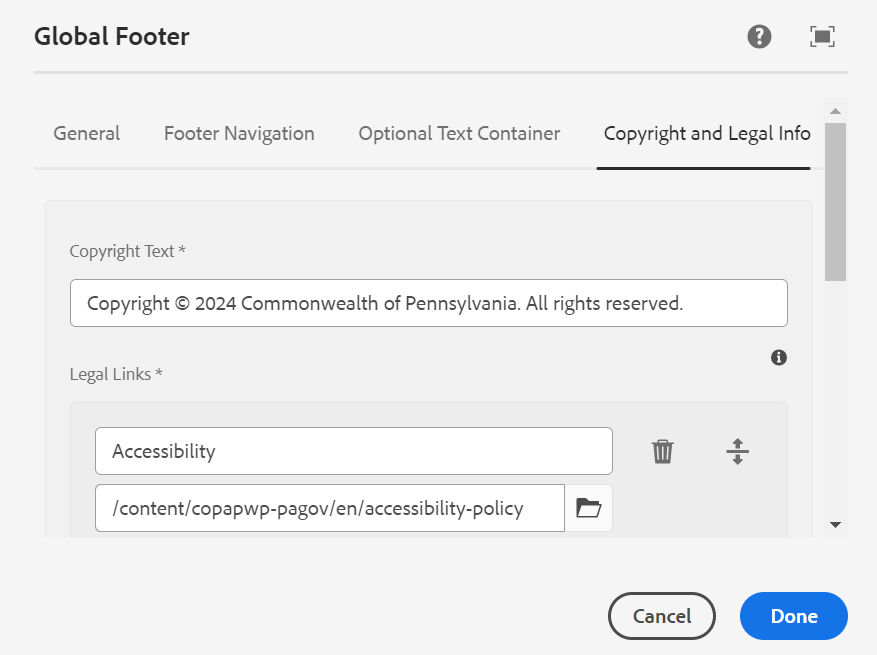 The Copyright and Legal Info tab in authoring dialog (fields described in text above).