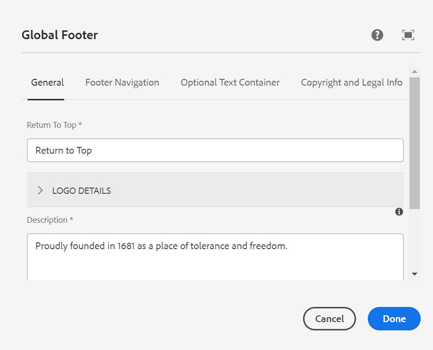 The General tab in authoring dialog (fields described in text above).