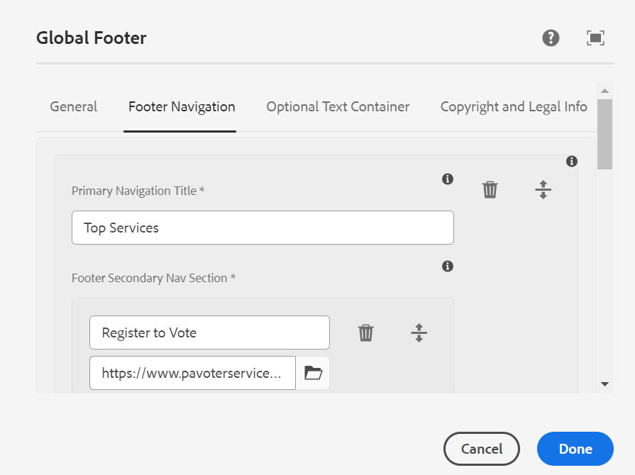 The Footer Navigation tab in authoring dialog (fields described in text above).