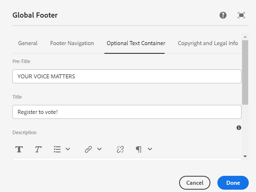 The Optional Text Container tab in authoring dialog (fields described in text above).