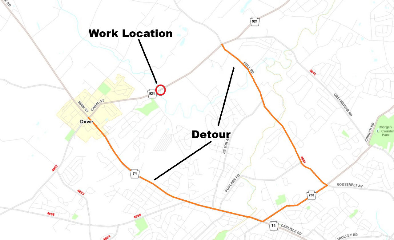 Map shows location of Route 921 bridge closures and associated detour route.