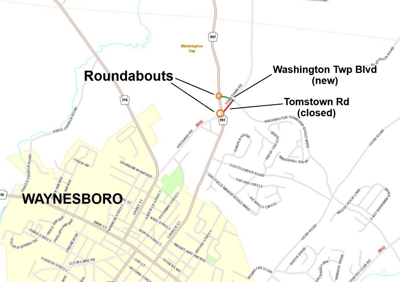 Map shows location of roundabout project on Route 997 in Franklin County.
