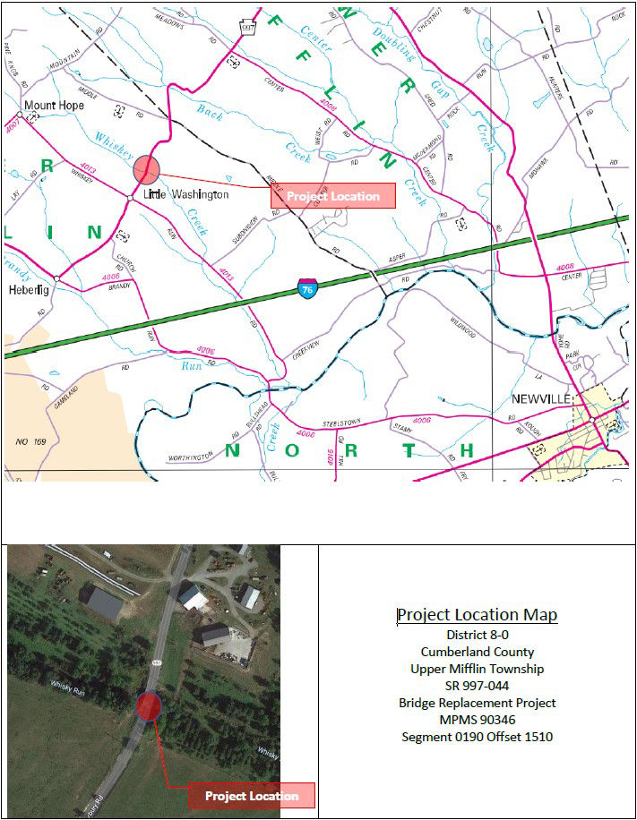 Map shows location of Route 997 bridge replacement project in Cumberland County.
