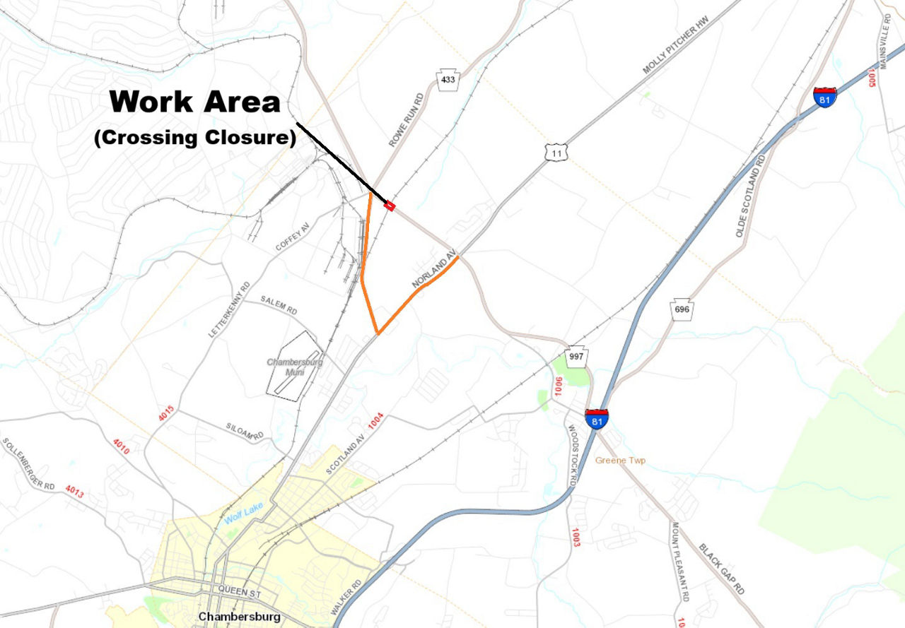 map indicating project location and detour route