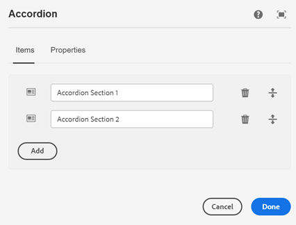 Accordion authoring dialog, showing the Items tab