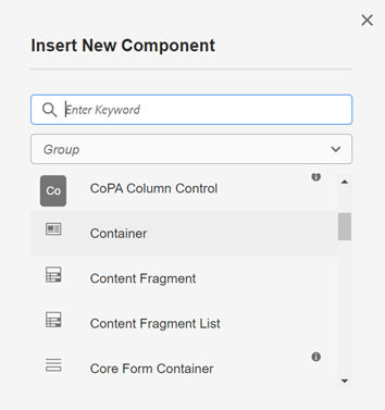 Insert New Component options to add to each Accordion dropdown.