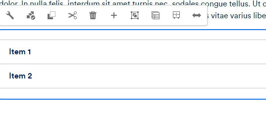 Accordion edit toolbar, displayed over the Accordion items that were authored