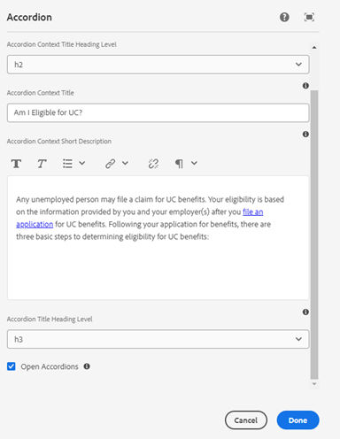 Accordion authoring dialog, showing the Properties tab