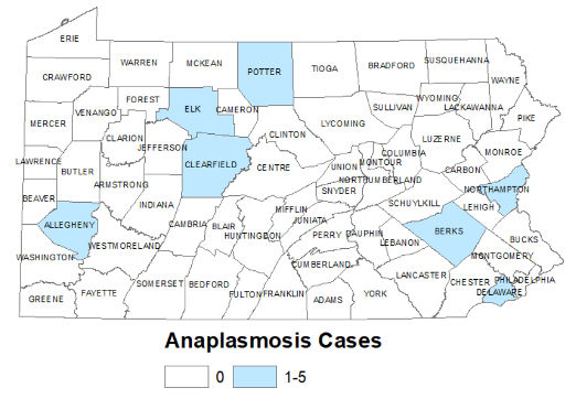 Map 1 – Anaplasmosis Cases by County in Pennsylvania, 2012