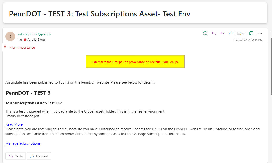 Sample email, which includes name of asset and "Read More" link.