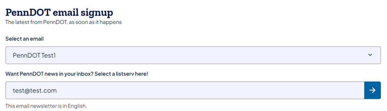 All fields in Email Subscription component authored. Includes a dropdown for residents to select from multiple listservs.
