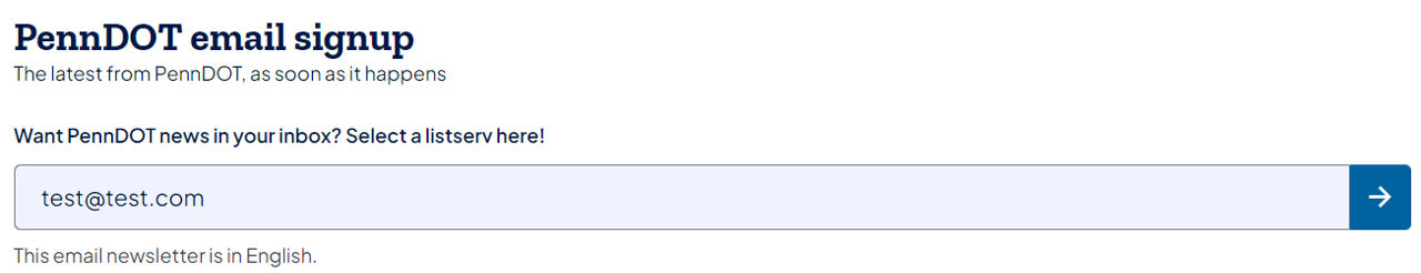 All fields in Email Subscription component authored. Only one listserv is available for signup, so no dropdown appears.