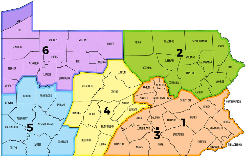 A county map of Pennsylvania with PSP Aviation zones