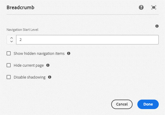 Breadcrumb authoring dialog, as explained in the steps below.