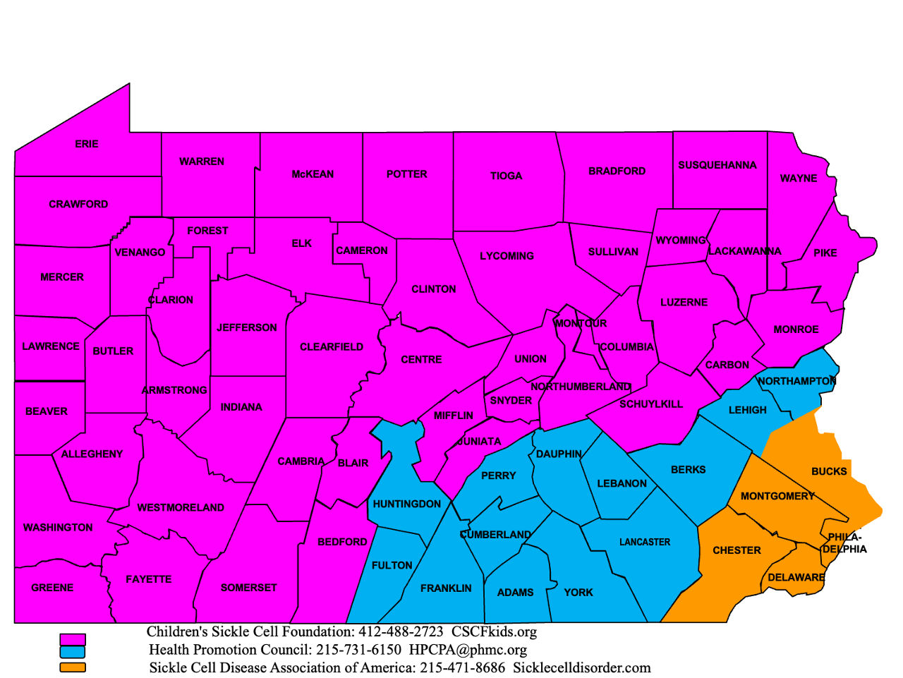 Pink counties: Children's Sickle Cell Foundation: 412-488-2723  Blue counties: CSCFkids.org and Orange counties: Health Promotion Council: 215-731-6150  HPCPA@phmc.org Sickle Cell Disease Association of America: 215-471-8686  Sicklecelldisorder.com