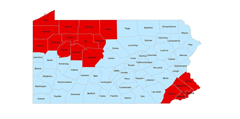 assigned regions supported by each CBSS Grantee.  The counties indicated in red are served by CareStar, Inc., and the counties indicated in blue are served by the Children's Sickle Cell Foundation. 