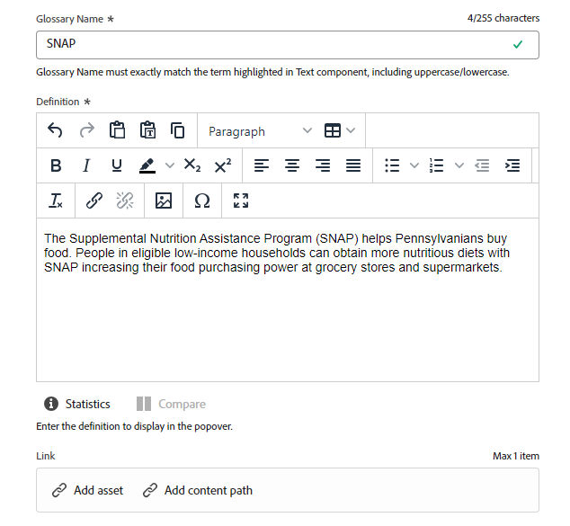 Glossary Content Fragment in its editing state with fields to edit