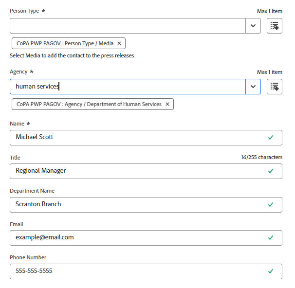 Person content fragment in its editing state with fields to edit