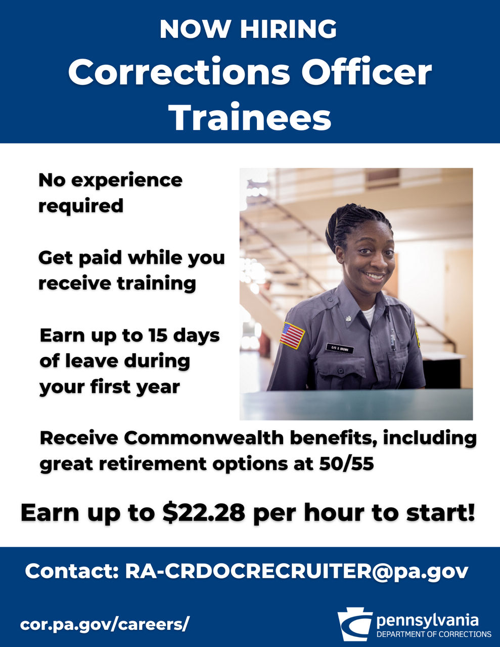 A flyer promoting Corrections Officer Trainee positions in the DOC
