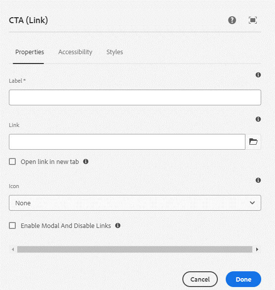 CTA authoring dialog's Properties tab. Fields described on page.