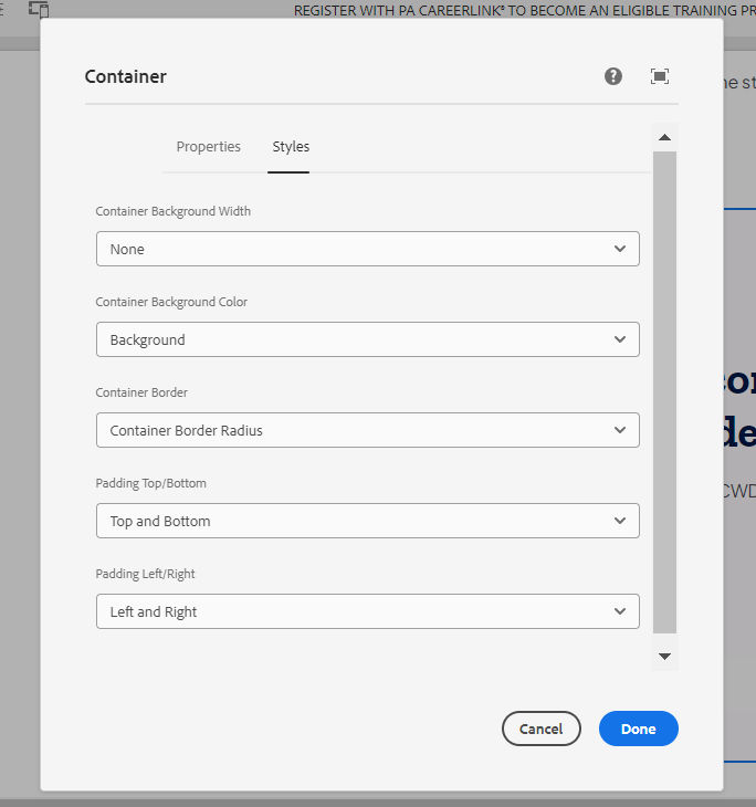 Container authoring dialog's Styles tab, including: background width, color, border, and padding