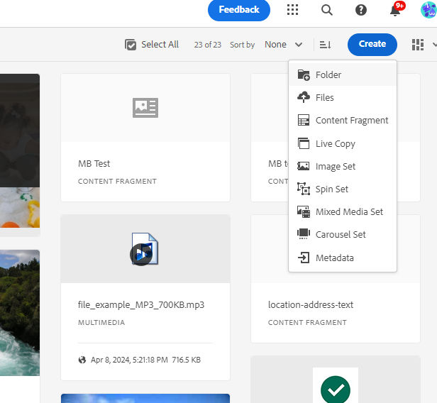 "Create" button dropdown options, including "Files" option.