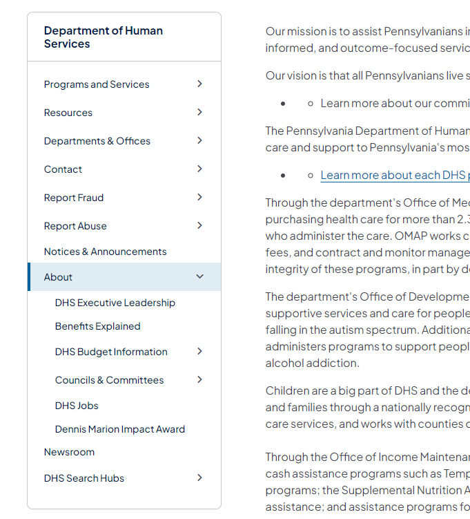 Sample DHS page, with the agency's Side Navigation displaying to the left of other page content