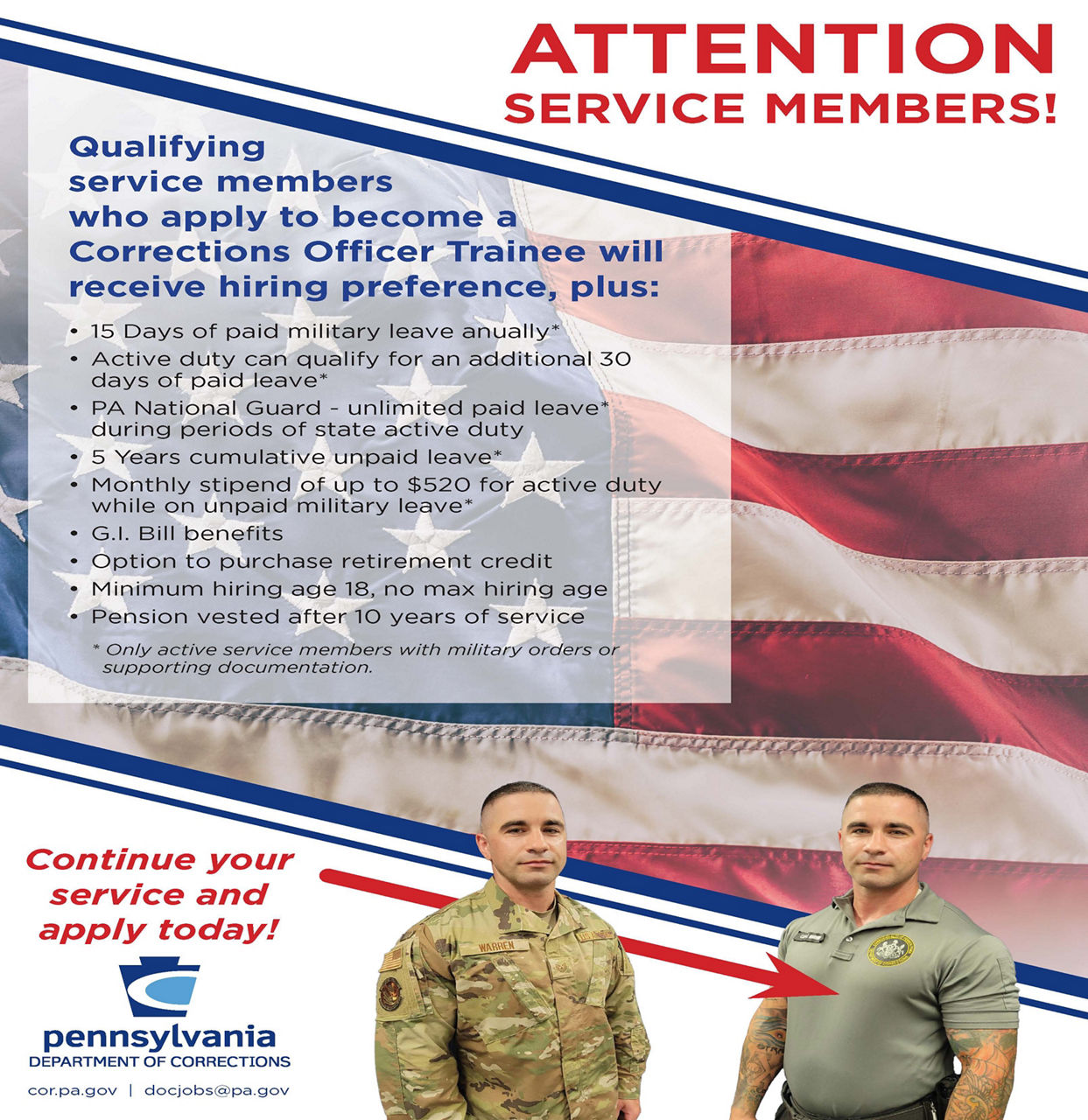 A flyer promoting the benefits service members receive when serving as a corrections officer