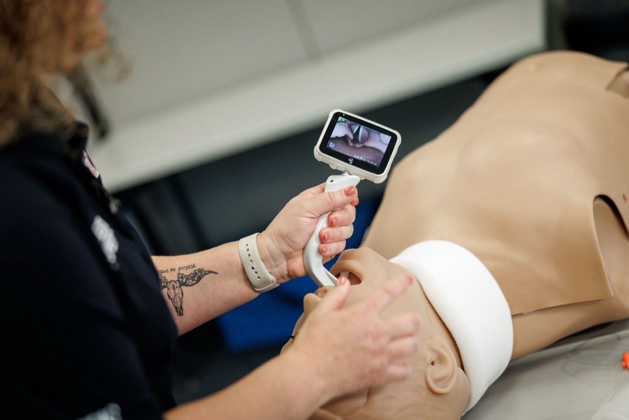 Allentown, Pa., August 4, 2026 — Cetronia Ambulance Corps Director of Operations Carrie Frey demonstrates how to use a video laryngoscope during a staged medical emergency.