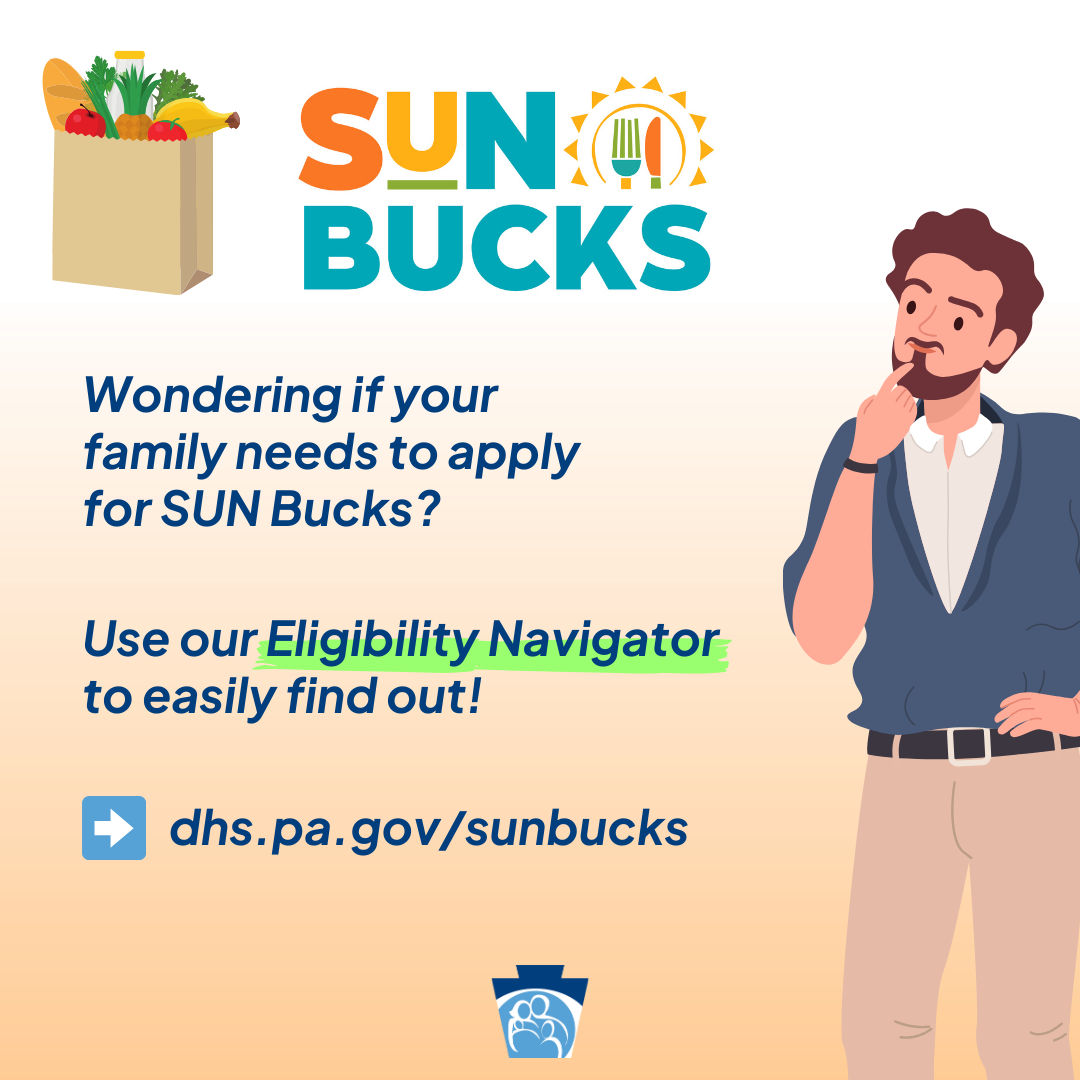 Sample square SUN Bucks social graphic with an illustration of a Caucasian man and text reading: "Wondering if your family needs to apply for SUN bucks? User our Eligibility Navigator to easily find out! dhs.pa.gov/sunbucks"