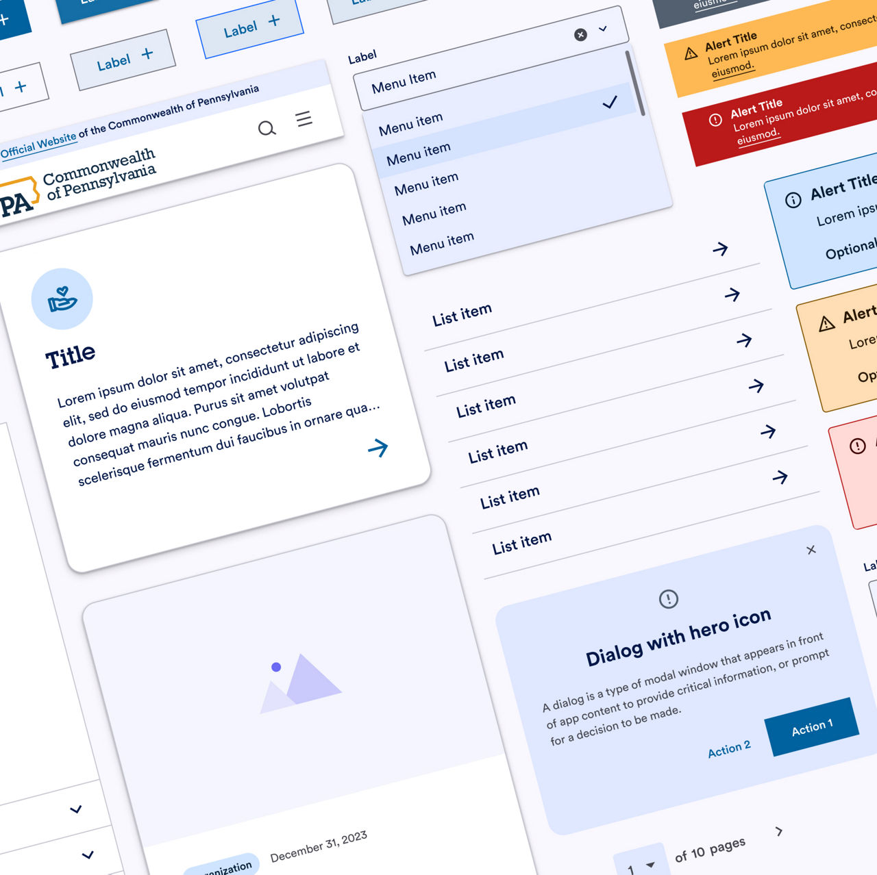 A collage of components used in the Keystone Design System, including icon cards, list groups, menus, a modal, and others.