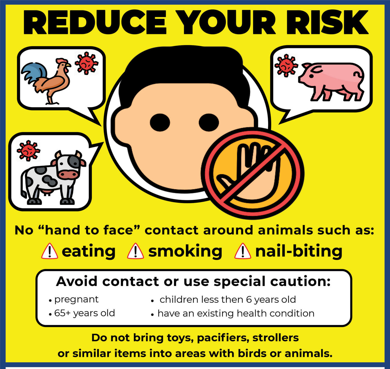 reduce your risk for H5 bird flu by no hand to face contact when around animals