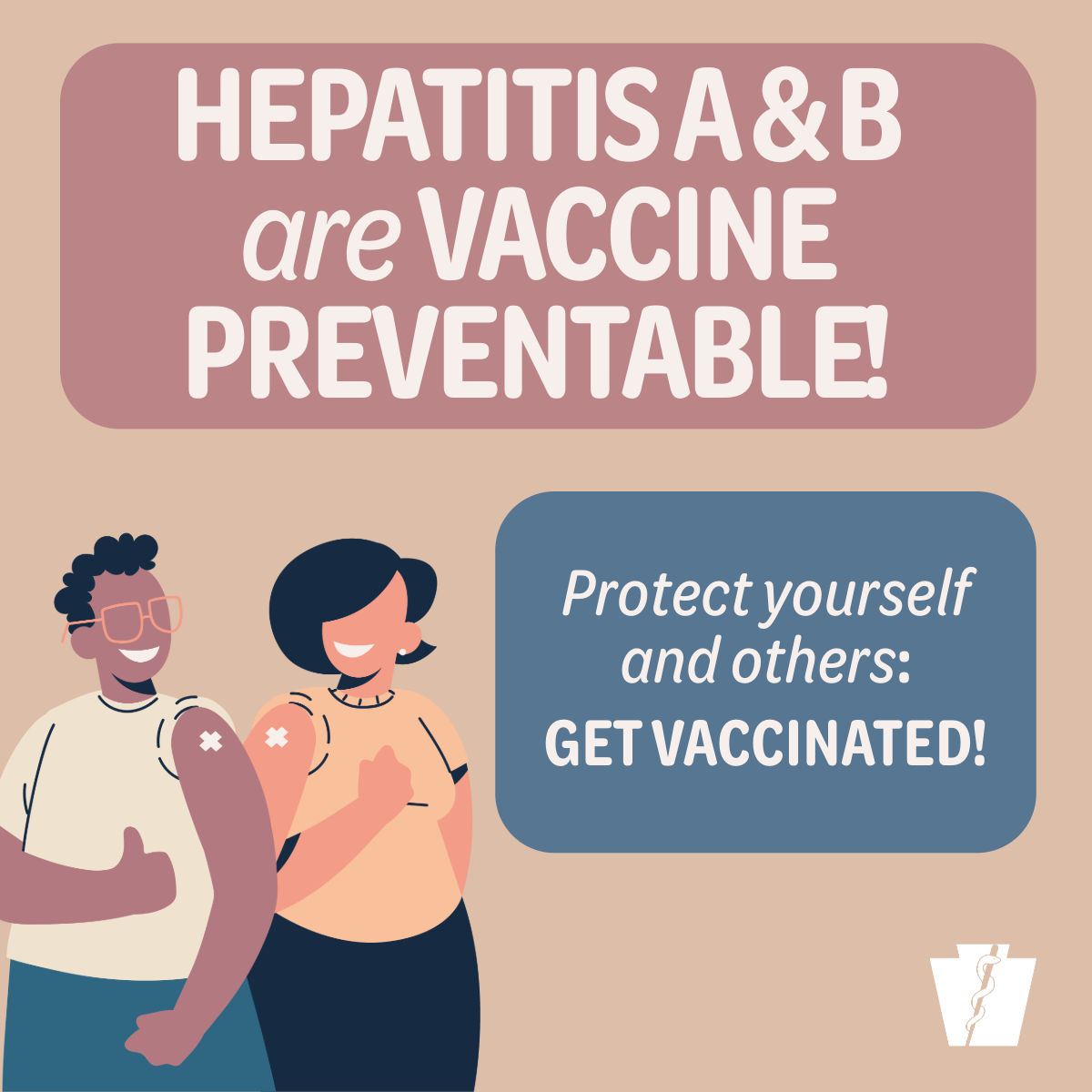Two people showing bandaged arms with thumbs up promoting hepatitis A and B vaccination as a preventable measure.