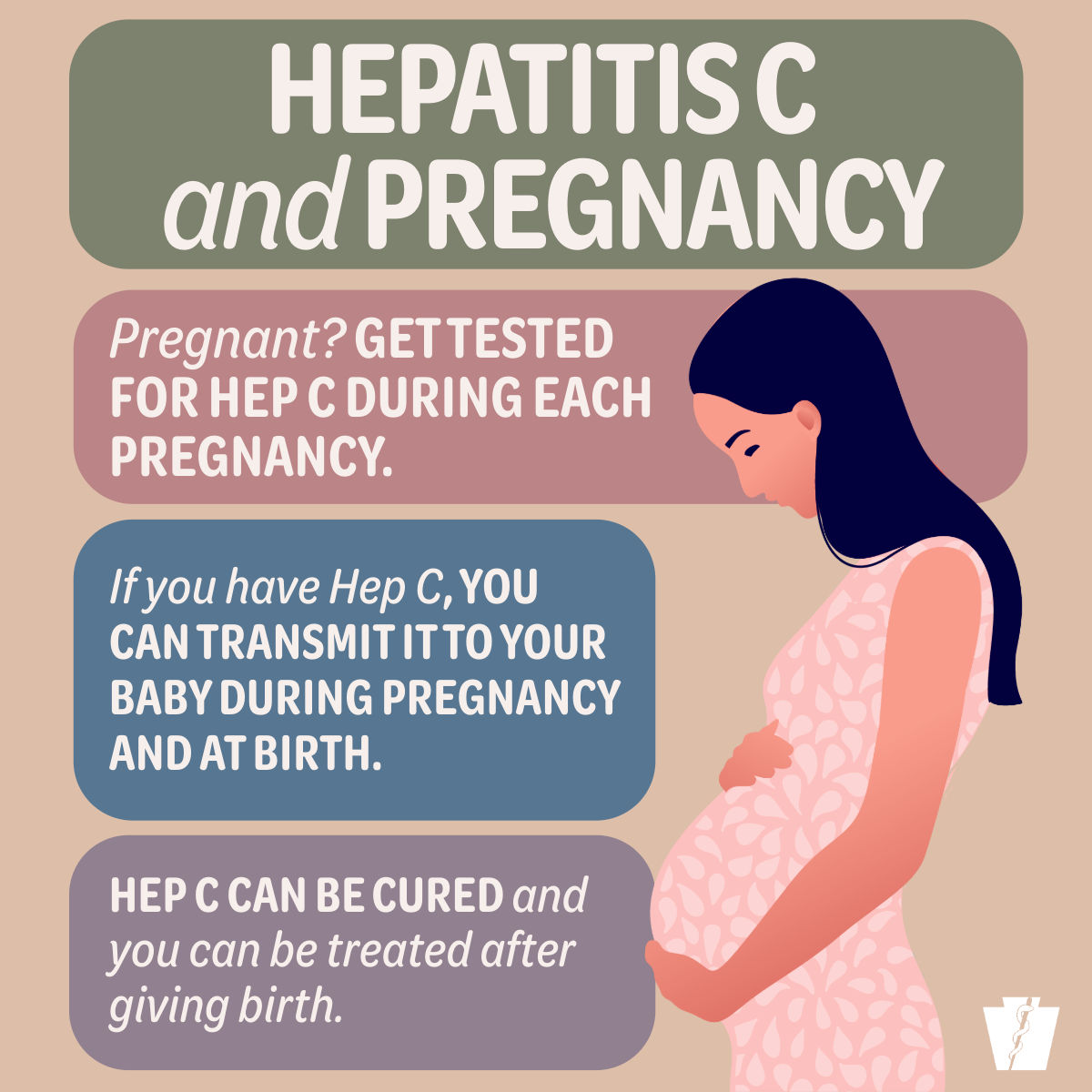 Pregnant woman holding belly with text urging Hepatitis C testing during each pregnancy to prevent transmission to baby.