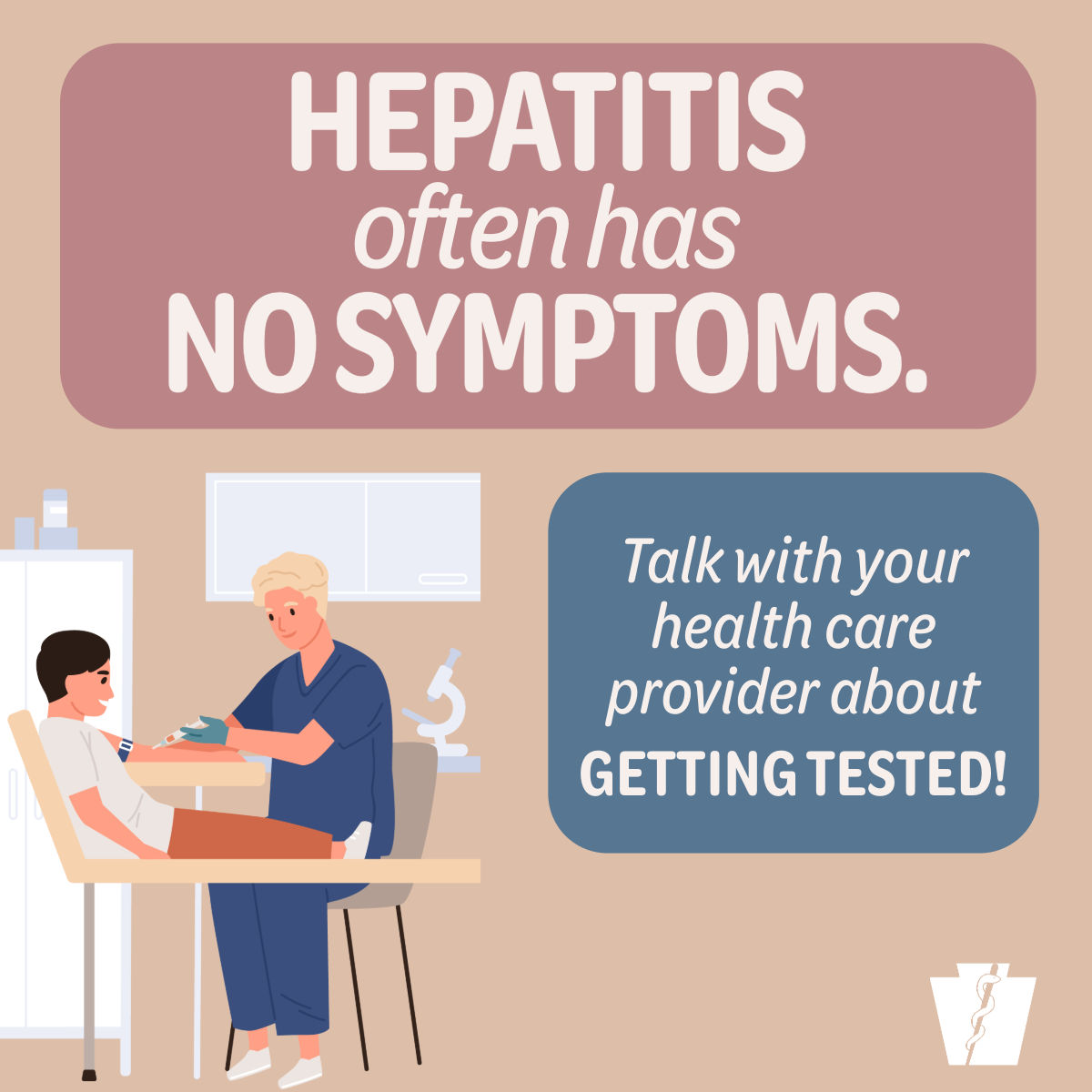 A healthcare provider drawing blood from a patient with text warning that hepatitis often has no symptoms and advising to get tested.