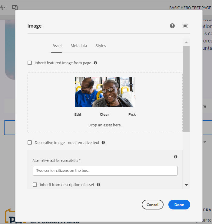 The Asset tab in the Image authoring dialog.