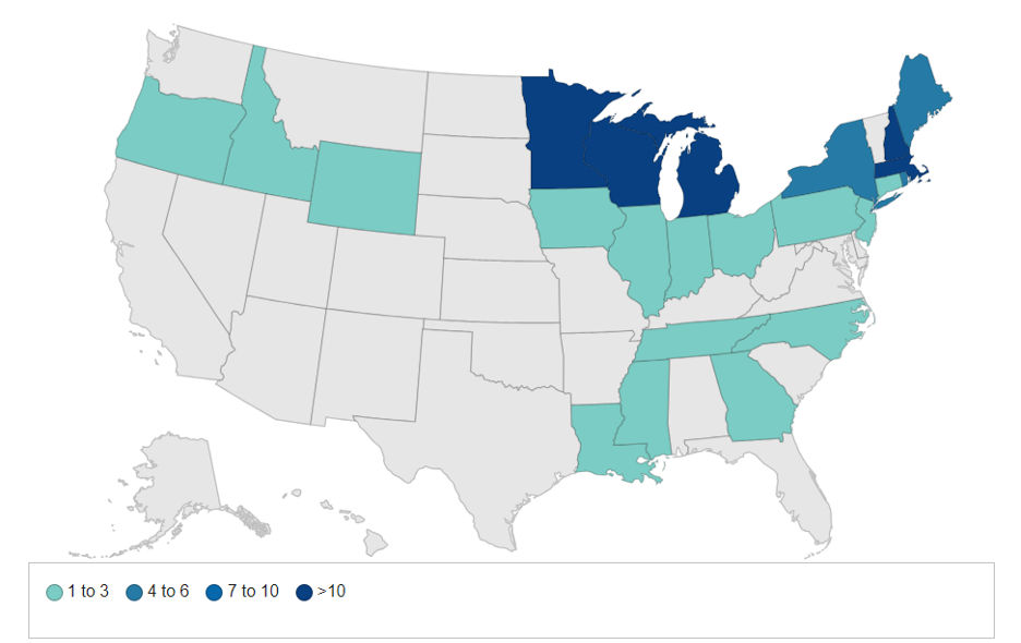 Map 1 – JCV human disease cases reported by state of residence, 2011-2022, All diseases cases