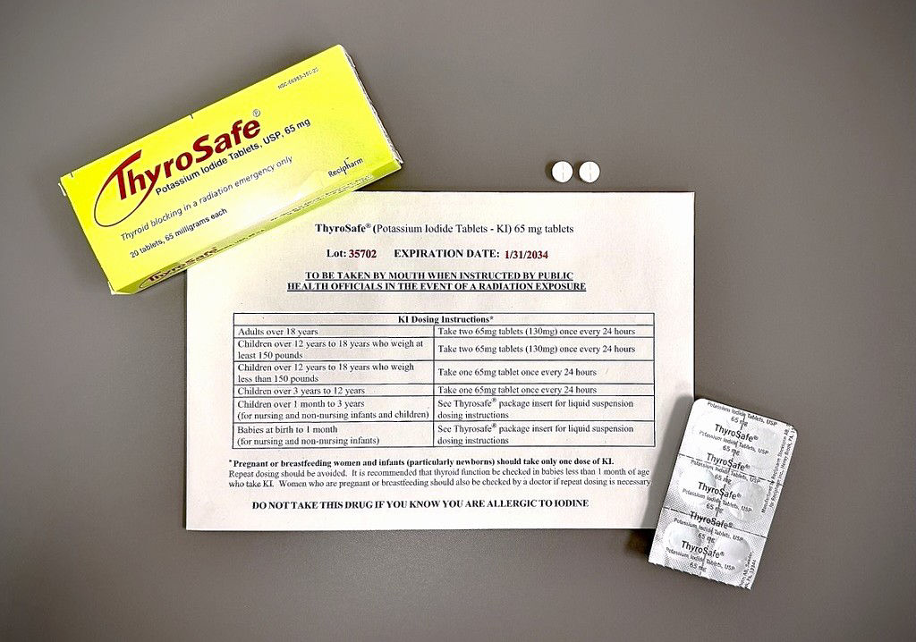 Potassium Iodide tablets, packaging, and dosage information for distribution events near nuclear power plants as part of emergency planning efforts in 2025.
