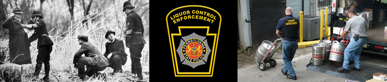 Officers from the early 1900s, the Liquor Control Enforcement patch, and modern LCE personnel moving kegs