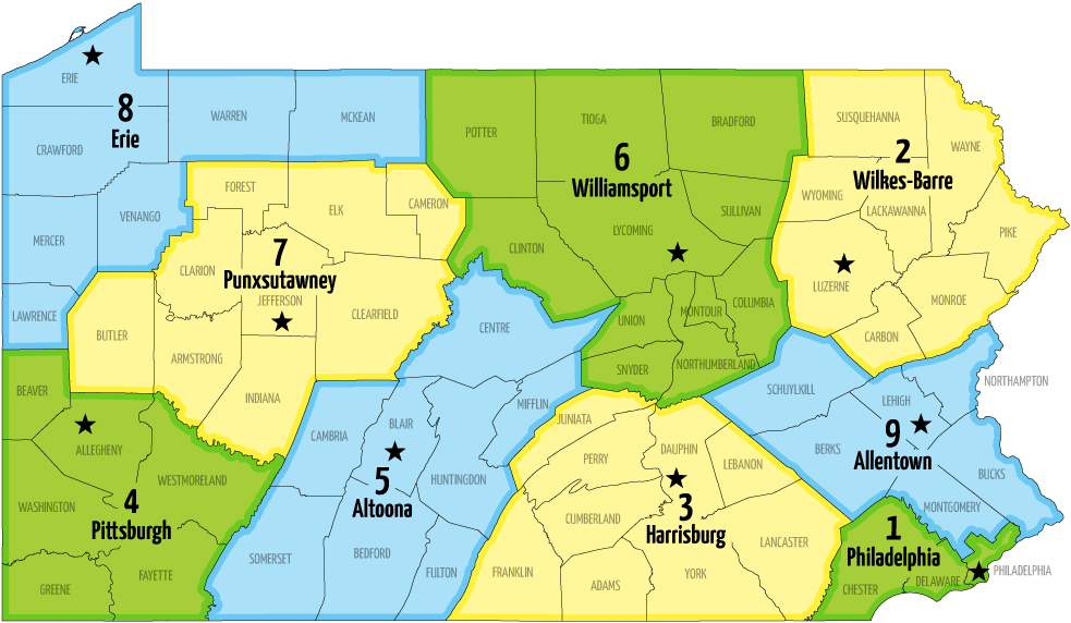 a county map of Pennsylvania with LCE regions and office locations