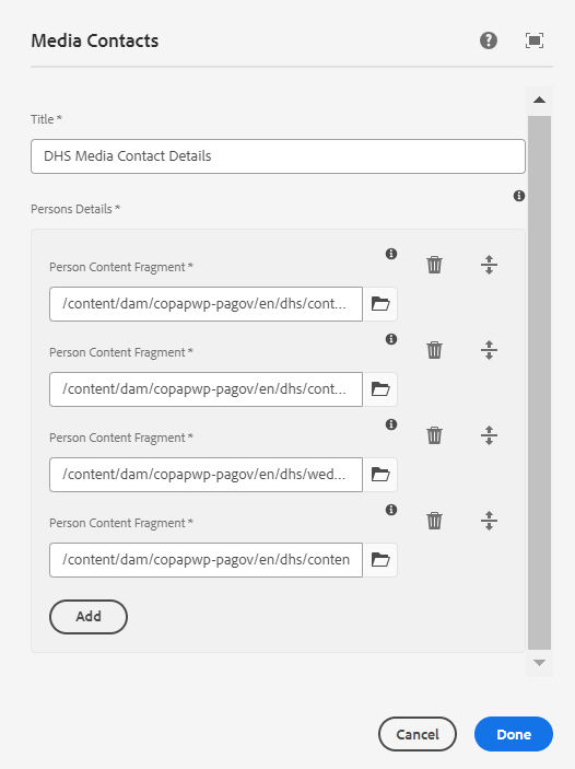 Media Contacts authoring dialog 