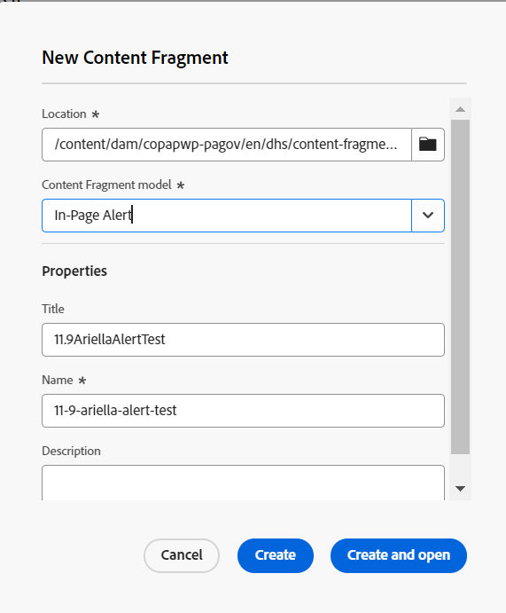 Fields required for Content Fragments including title, name, description