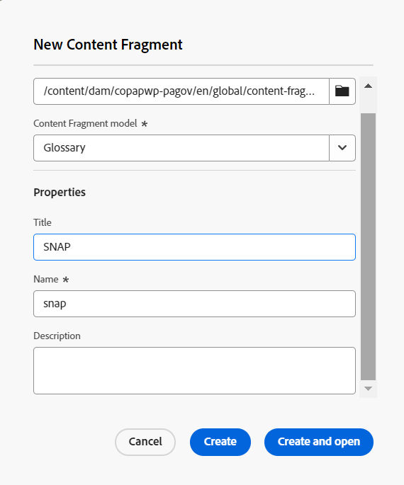 Property fields of new Glossary Content Fragment