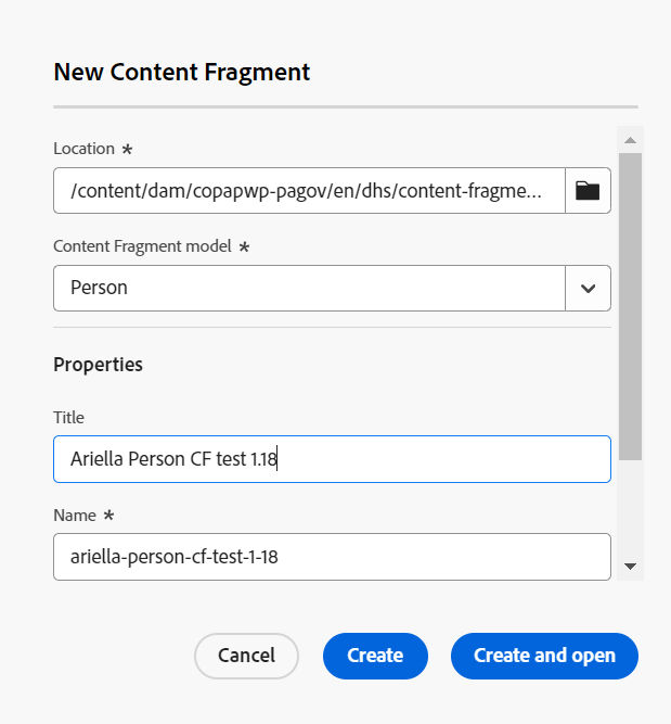 Property fields of new content fragment