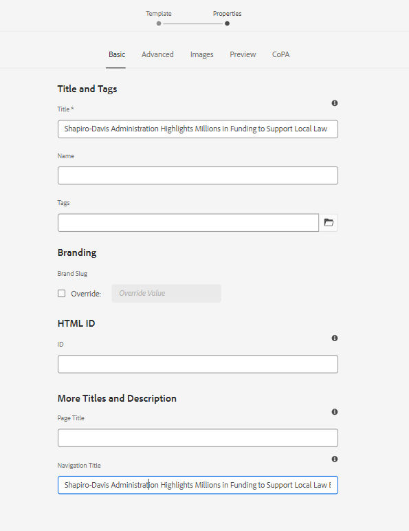 Basic tab in Page Properties, with Title and Navigation Title field filled