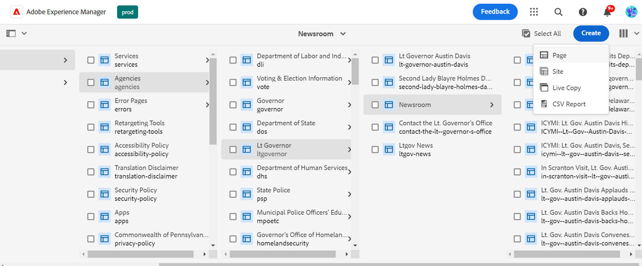 Site hierarchy featuring Lt Governor's Newsroom page selected, with the page menu showing the option to create a new page