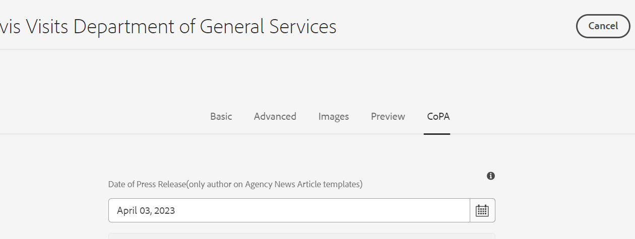 Date of Press Release datepicker field in Page Properties.