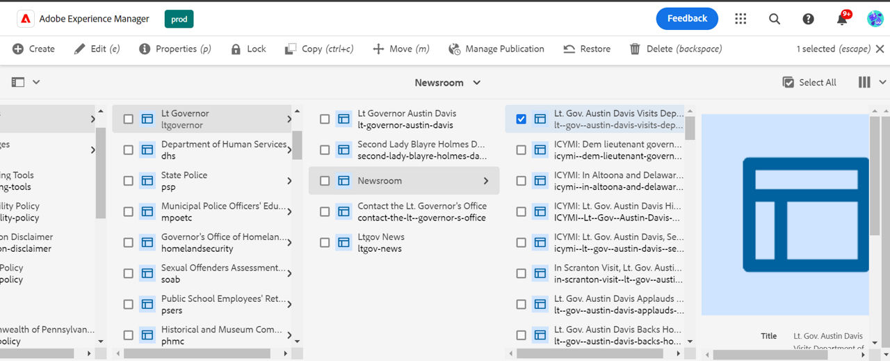 Site hierarchy with one page selected.